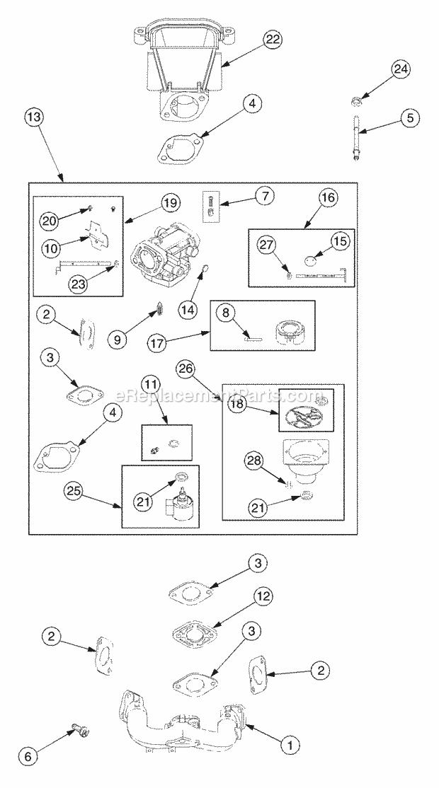 Carburetor And Intake Manifold Diagram and Parts List for RZT50 17BA5A7P712, 17BA5A7P710, 17BA5A7P709 Cub Cadet Lawn Mower